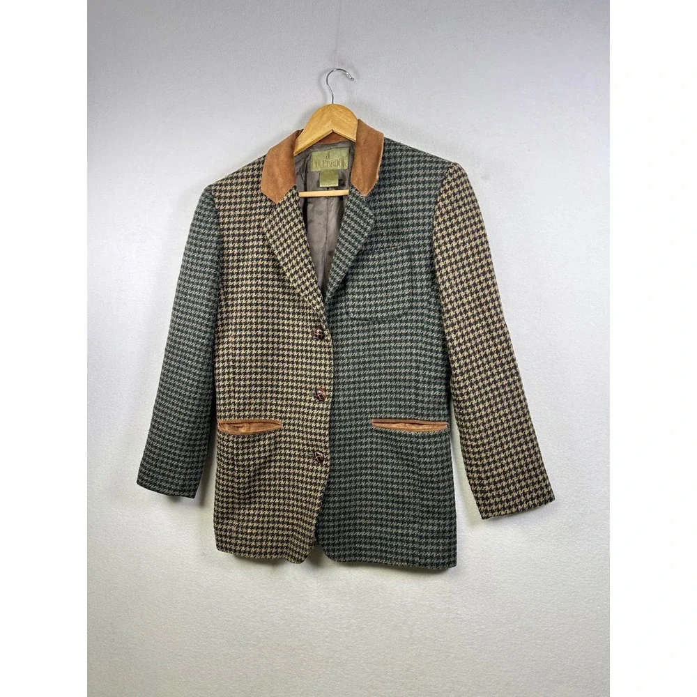 Vintage JL‎ Colebrook Blazer Women 6 Green Tan Houndstooth Wool Blend Suede Trim
